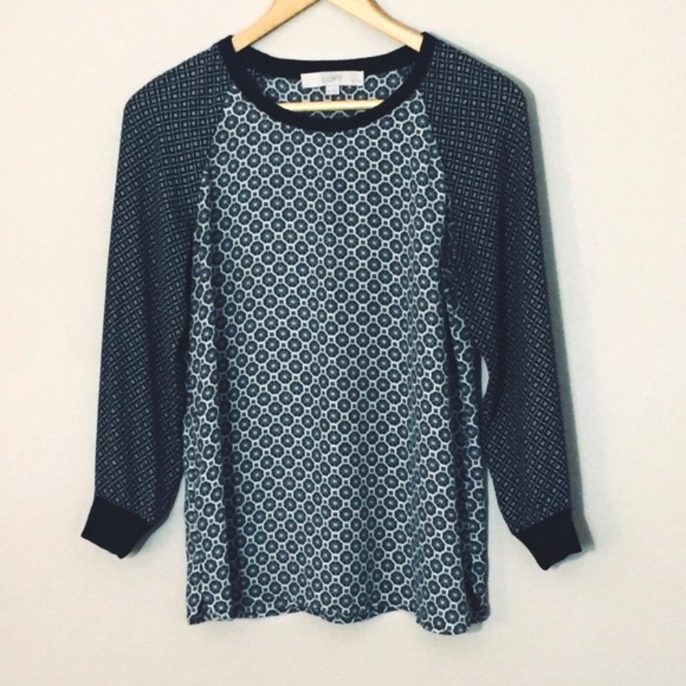 LOFT Petite Black & White Print Sheer Blouse XSP